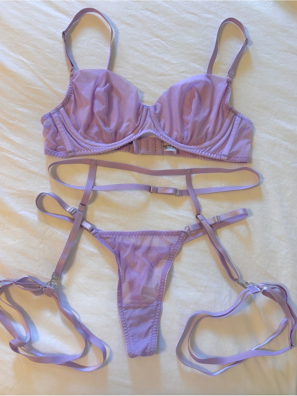 Lilac Sheer Mesh Lingerie Purple Matching Garter Belt Sexy Fairy Bra & Panty Set